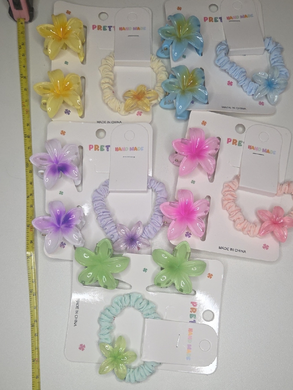 5 Floral Hair Clip & Scrunchie Sets - Pink, Green, Blue, Yellow, and Purple